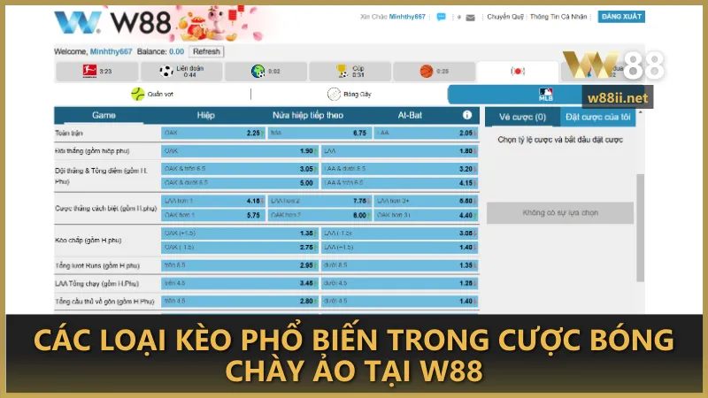 Các loại kèo phổ biến trong cược bóng chày ảo tại W88